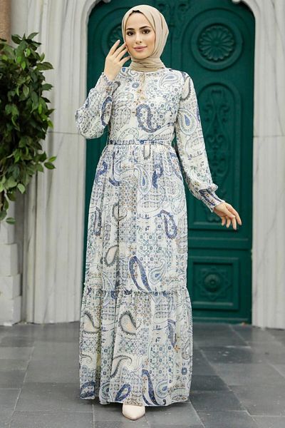 Neva Style Patterned Ecru Hijab Dress 33561E
