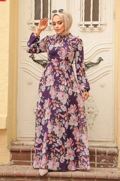 Neva Style Rochie Hijab Liliac închis cu Motiv Floral 279015klıla