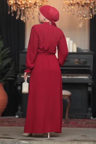 Neva Style Burgundy Hijab Dress with Belt 30013Br