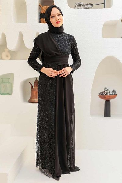 Neva Style Sequin Sequin Μαύρο Μουσουλμανικό Βραδινό Φόρεμα 56180s