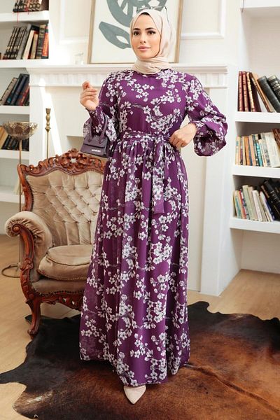 Neva Style - Rochie Hijab Mov cu Motiv Floral 56830violet