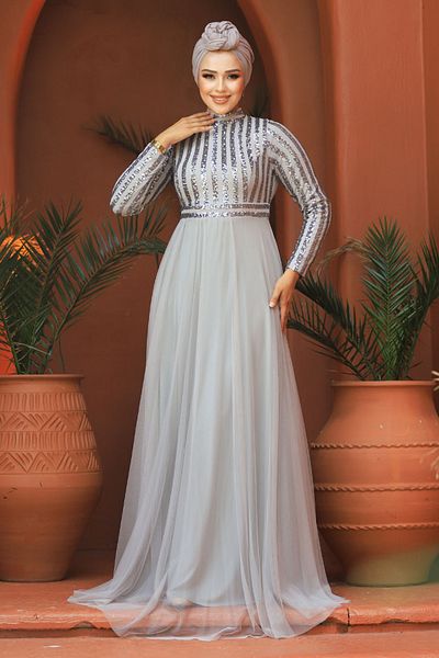 Neva Style Βραδινό φόρεμα με παγιέτες γκρι χιτζάμπ 5338γρ
