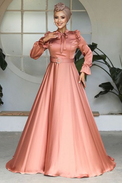 Neva Style فستان سهرة حجاب سلمون داكن بتفاصيل الكتف والرقبة 27240ksmn