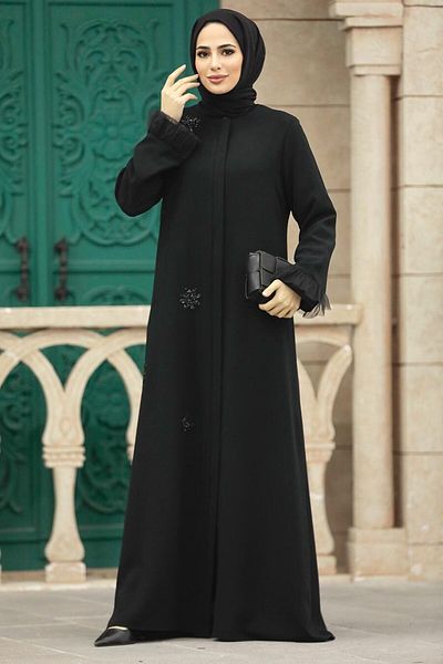 Neva Style Black Hijab Ferace with Bead Detail 31951S