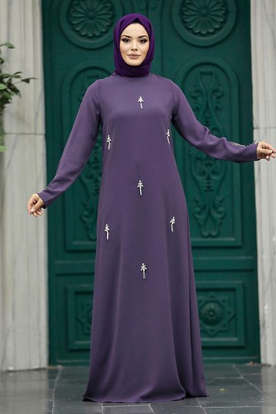 Neva Style - Rochie Hijab Liliac cu Detaliu Mărgele 30024lıla