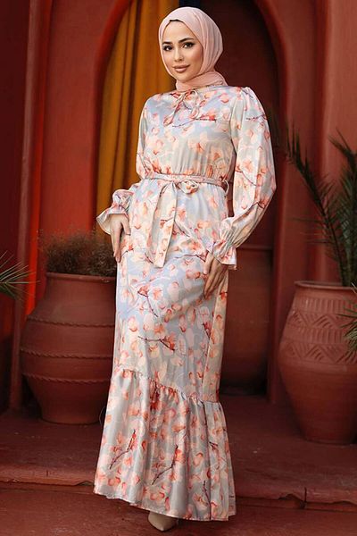 Neva Style Rochie Hijab portocalie cu imprimeu floral 60901T