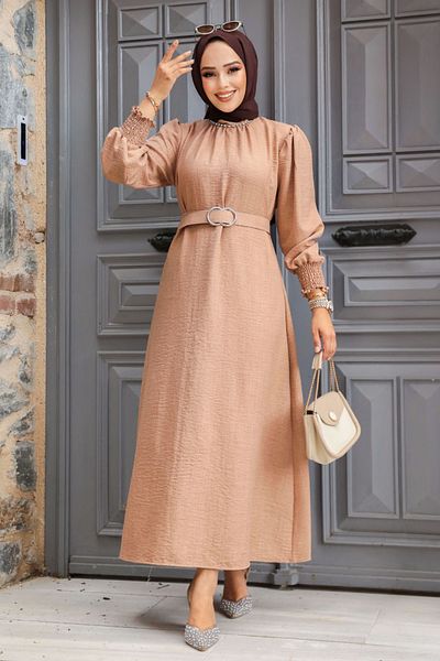 Neva Style Φόρεμα Camel Hijab με ζώνη 661c