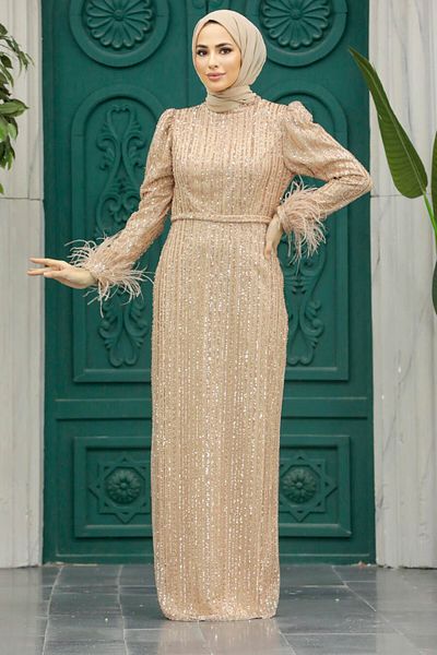 Neva Style Rochie de seara Hijab - Rochie de seara Hijab aurie brodata cu paiete 23210aur