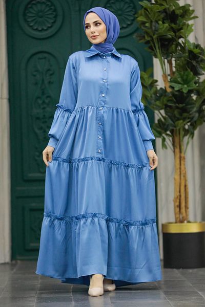 Neva Style Φόρεμα με πτυχωτό πλισέ Indigo Blue Hijab 5884ım