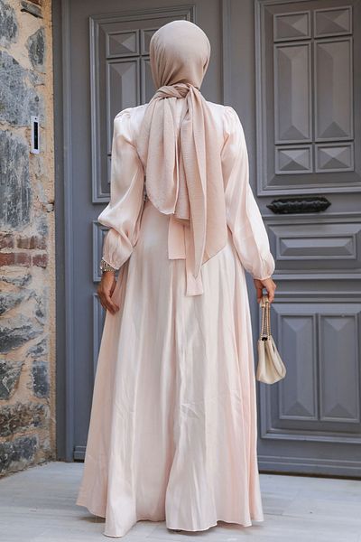 Neva Style Rochie de seară hijab pudră cu mărgele 23301pd