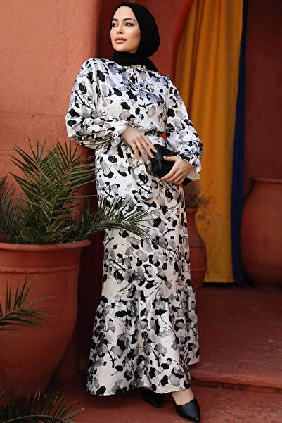 Neva Style Φόρεμα Hijab Ecru με σχέδιο λουλουδιών 60901E