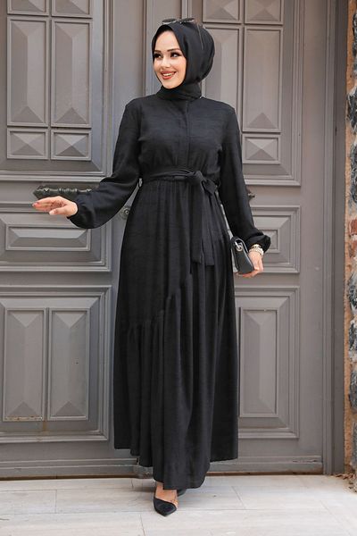 Neva Style Μαύρο Φόρεμα Hijab - Με Ζώνη, Μοντέλο No: 60931S
