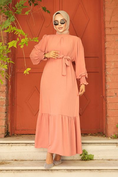 Neva Style Φόρεμα με βολάν σολομό Hijab 5972smn