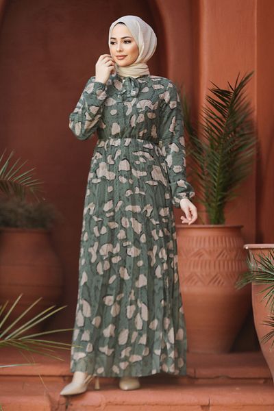 Neva Style Patterned Green Hijab Dress 50354CY