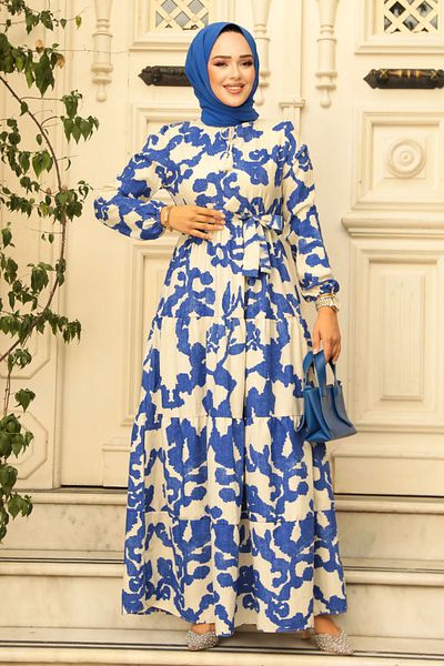Neva Style Indigo Blue Patterned Hijab Dress - 23143im