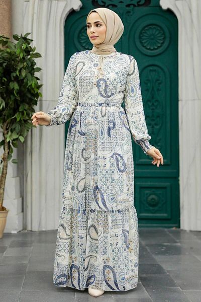 Neva Style Patterned Ecru Hijab Dress 33561E