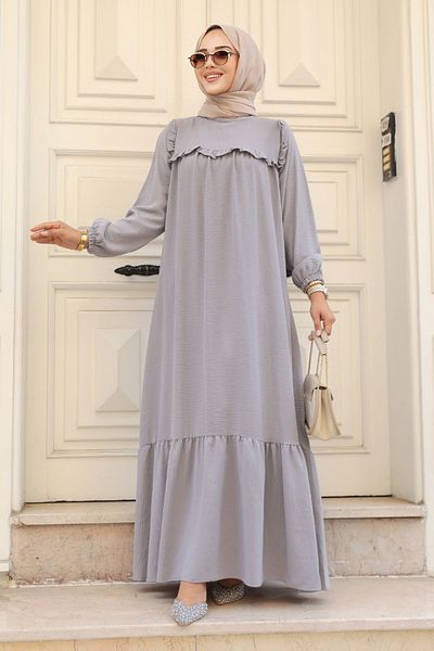 Neva Style - Rochie Hijab Gri cu Volane 7681gr