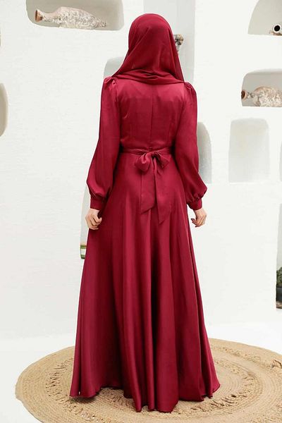 Neva Style Rochie de seara hijab burgundy cu detaliu de dantela 3064br