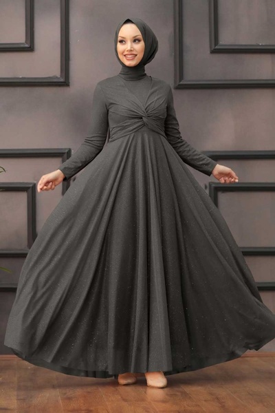 Neva Style Silvery Smoked Hijab Evening Dress 5397Fu