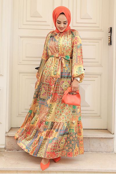 Neva Style Mustard Patterned Hijab Dress - 23155HR