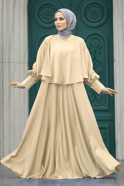 Neva Style Rochie de seară hijab bej cu pelerină 6051bej