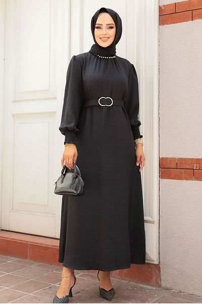 Neva Style Rochie Hijab neagră cu centură 661s