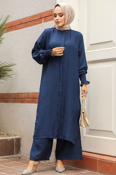 Neva Style طقم حجاب مزدوج باللون الأزرق الداكن - زر، 12591L
