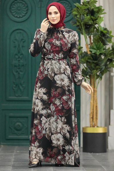 Neva Style - Rochie neagră cu hijab cu modele florale 279318s