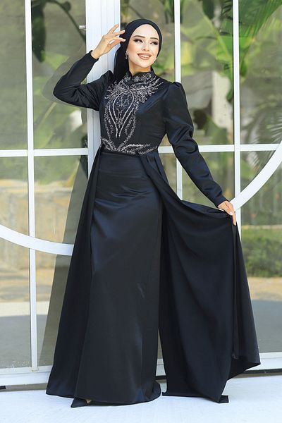 Neva Style Rochie de seară din satin hijab negru cu trenă 25878s