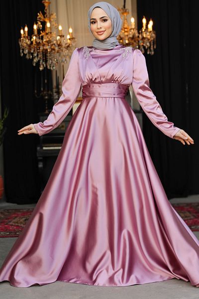 Neva Style Dusty Rose Hijab Satin Evening Dress with Bead Detail 25880Gk