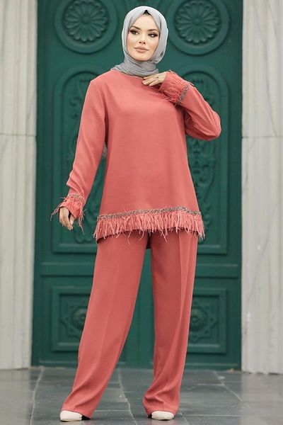 Neva Style - طقم حجاب مزدوج بتفاصيل ريش سمك السلمون الداكن 40012ksmn