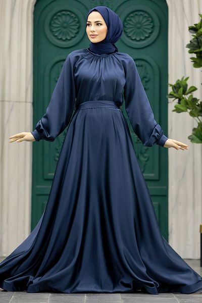 Neva Style Satin Navy Blue Hijab Evening Dress 5758L