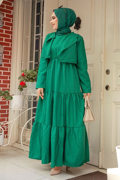 Neva Style Green Hijab Dress with Jacket Detail 20301Y