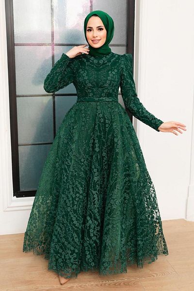 Neva Style فستان سهرة حجاب أخضر لاسي 22780y