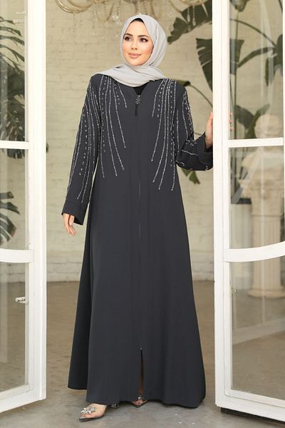 Neva Style Smoked Bead Embroidered Hijab Abaya - 29111FU