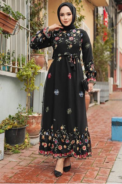 Neva Style Rochie musulmană neagră cu imprimeu floral 23234S
