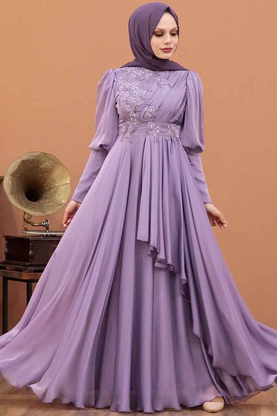 Neva Style Rochie de seară Lilac Hijab detaliată cu perle 21930lıla
