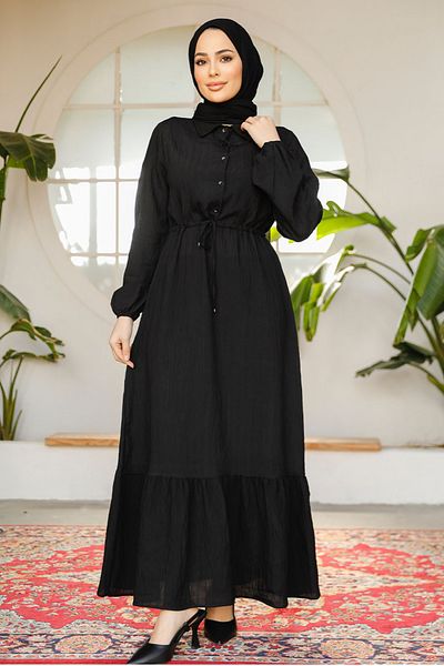 Neva Style Rochie islamică neagră cu tiv cu volan 23181S