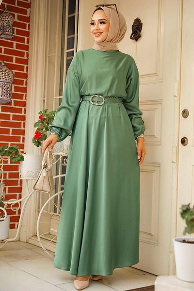 Neva Style Çağla Πράσινο Σατέν Φόρεμα Hijab 5727cy