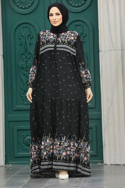 Neva Style - فستان حجاب أسود منقوش 50095s