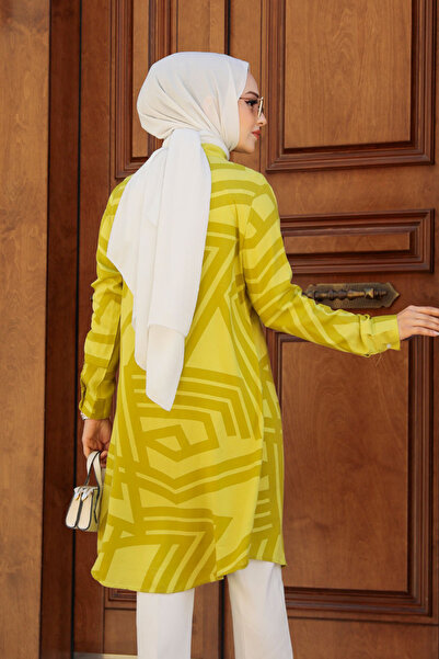 Neva Style Oil Green Patterned Viscose Hijab Tunic - 11666YY