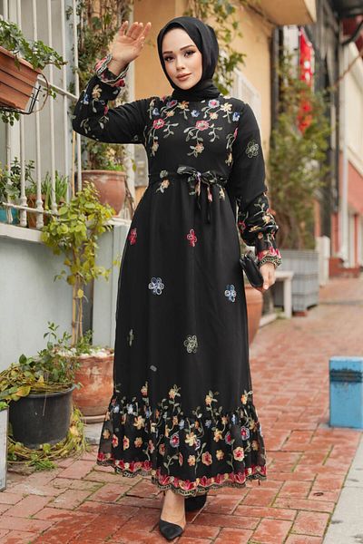 Neva Style Rochie musulmană neagră cu imprimeu floral 23234S