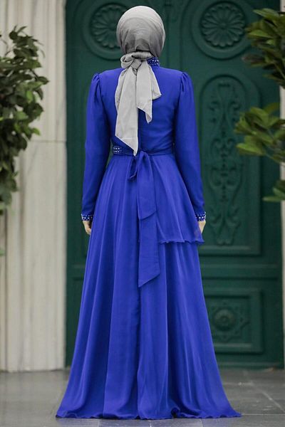 Neva Style Pearl Detailed Sax Blue Hijab Evening Dress 22223Sx