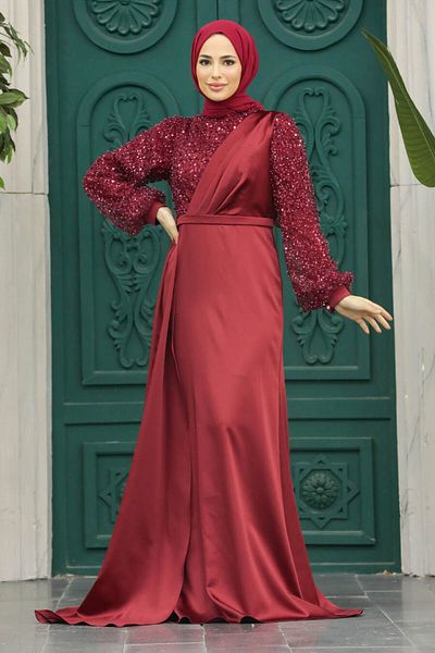 Neva Style Βραδινό φόρεμα με κέντημα με παγιέτες Bordotest 2311br