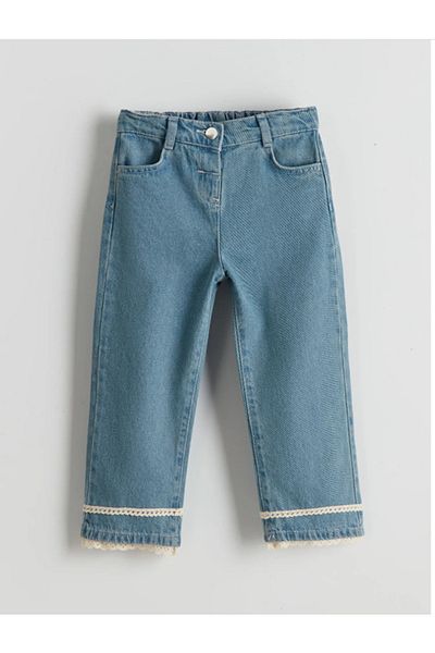 LC Waikiki Pantaloni de jeans pentru fete LCW Kids Blue Lace Detaliați cu picioare largi