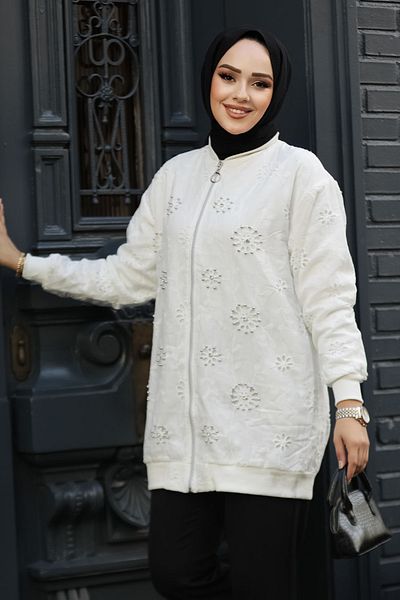Neva Style Jachetă Hijab cu dantelă albă - 20003B