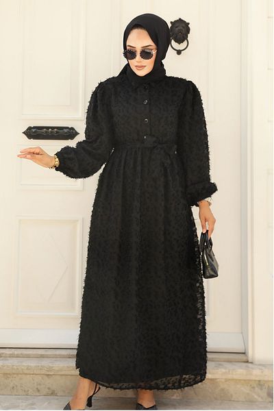 Neva Style فستان حجاب أسود مزين بالدانتيل - 14021S
