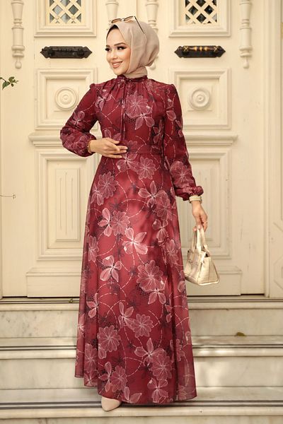 Neva Style Rochie Hijab Burgundy cu Motiv Floral 279079 br
