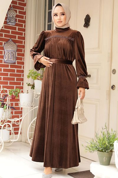 Neva Style Καμεντρέντ Καφέ Βελούδινο Φόρεμα 37291kh