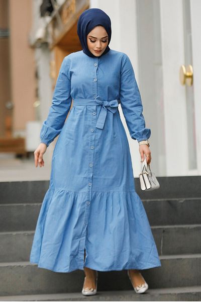 Neva Style Rochie albastră hijab din denim cu centură 19107M